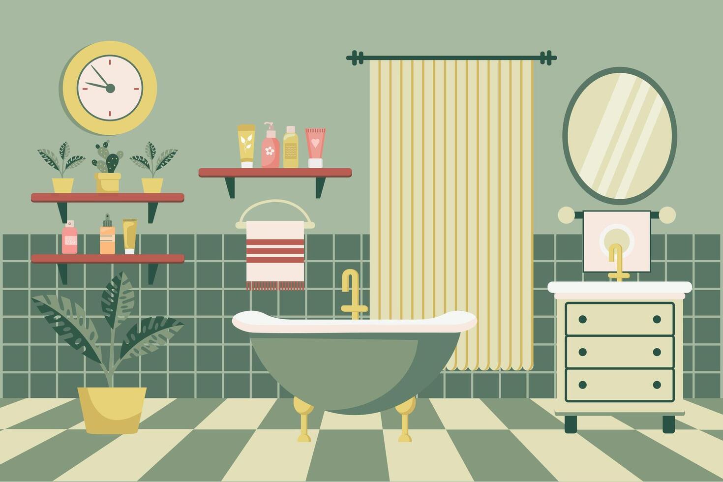 Cozy bathroom. Bathroom interior with bathroom furniture, bathtub, washbasin, towels, mirror, window, house plants. Flat illustration. Vector