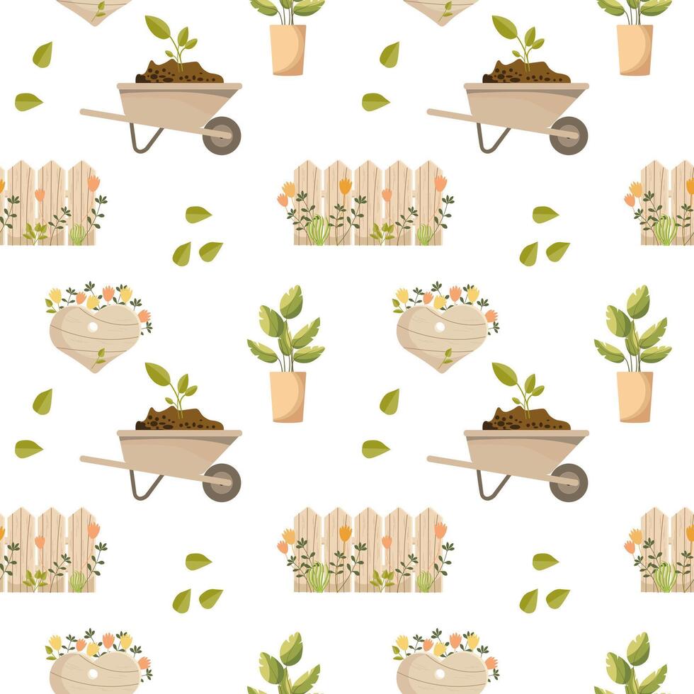 Seamless pattern, garden wheelbarrow, shovel, rake, boots, gloves, watering can, birdhouse. Background, spring print, vector