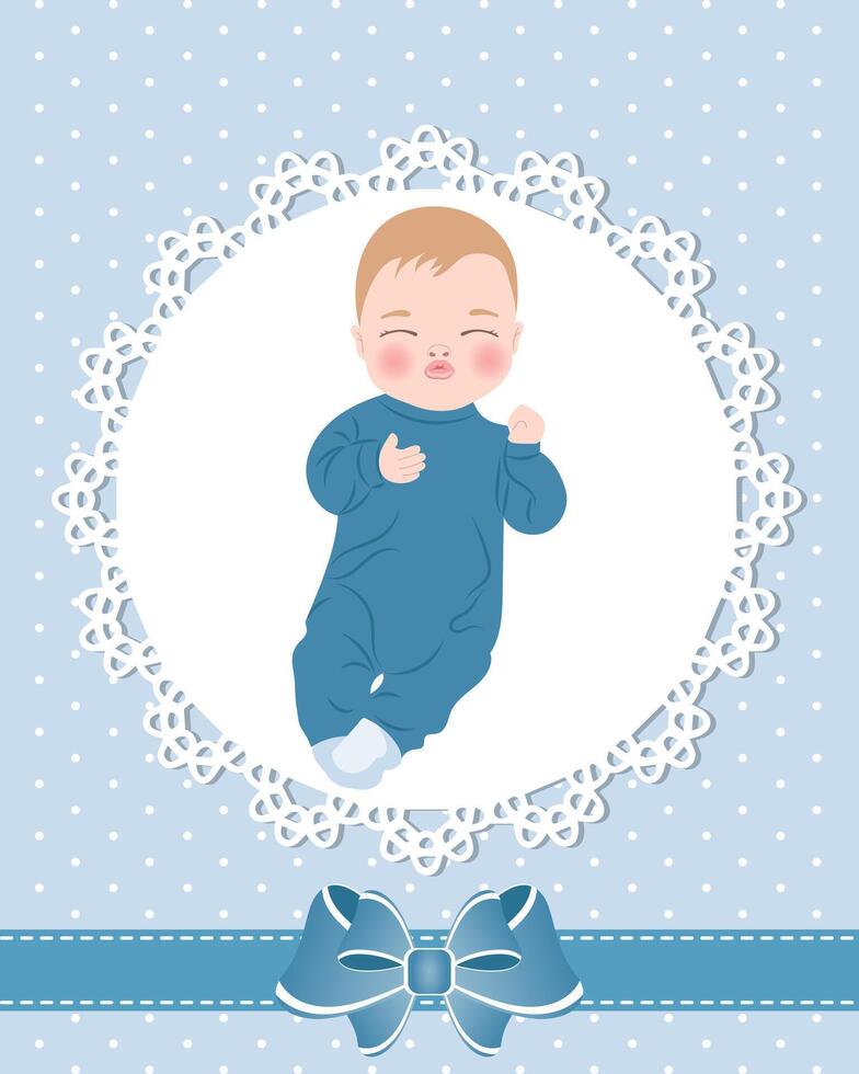 Baby card with cute baby boy and lace pattern with bow. Design for newborns. Illustration, greeting card, vector. vector