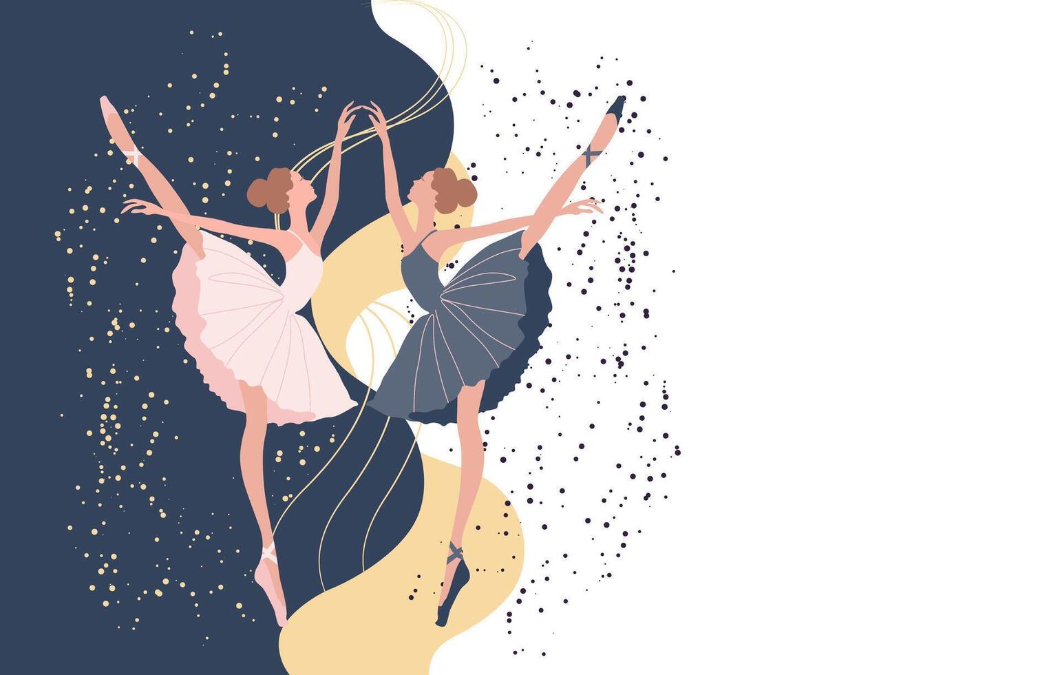 A pair of dancing ballerinas in pink and blue dresses and pointe shoes. Illustration, vector