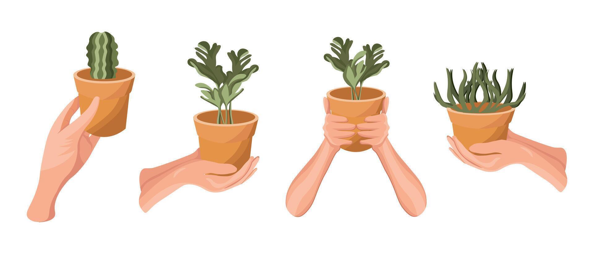 Hands with potted home plants, icons set. Plant care. Illustration, vector