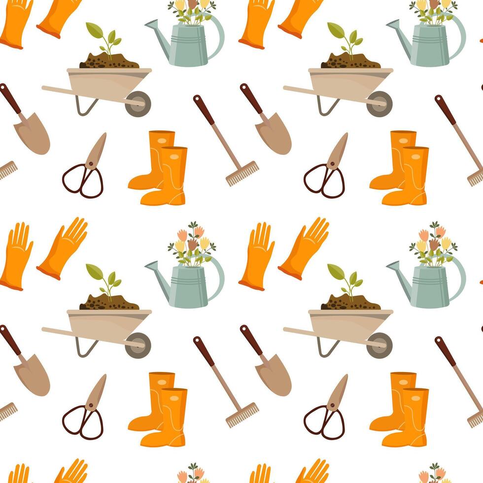 Seamless pattern, garden wheelbarrow, shovel, rake, boots, gloves, watering can, birdhouse. Background, spring print, vector