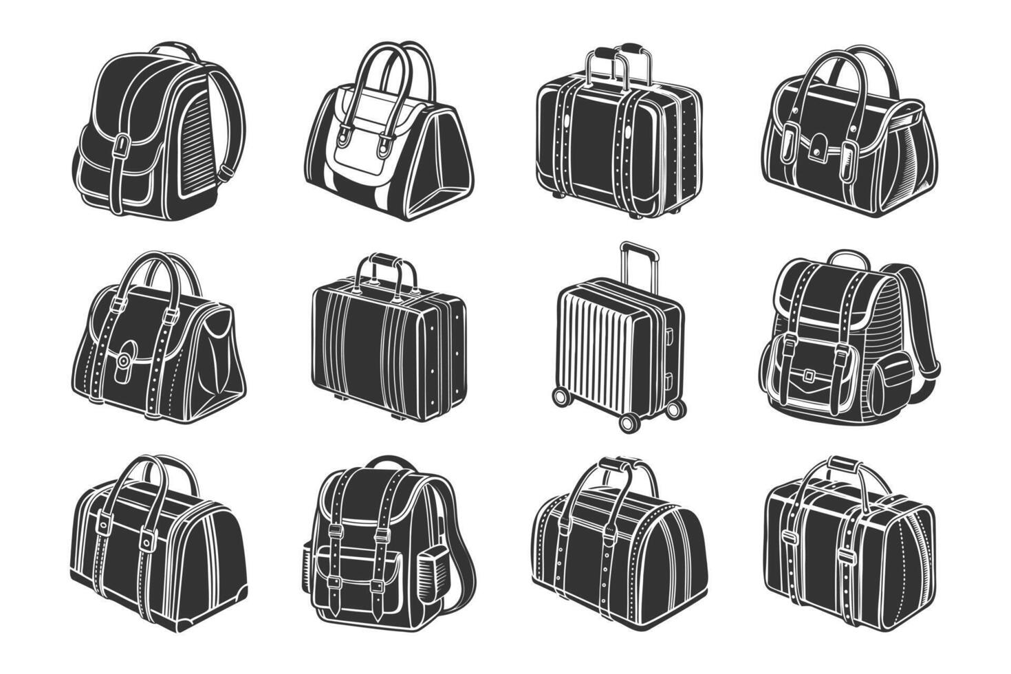 A set of hand drawn different bags, backpacks and suitcases for travel and tourism in an engraving style. Vector