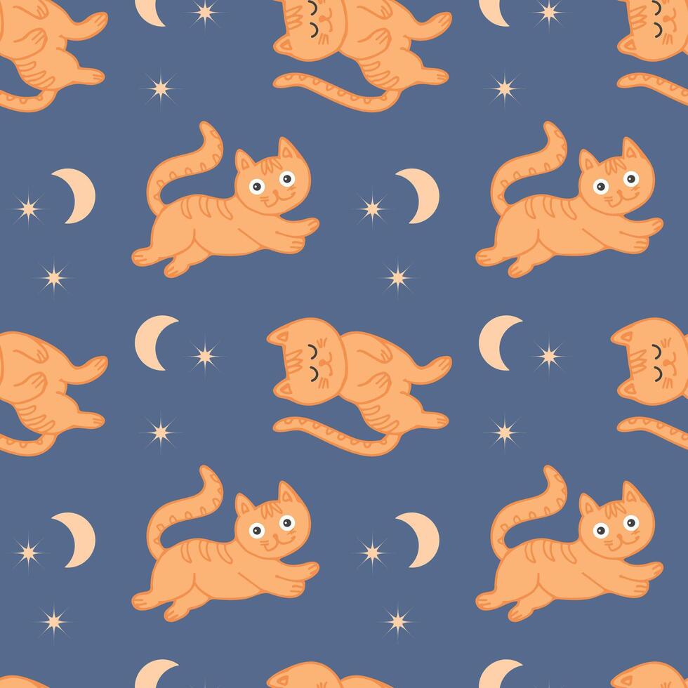 Seamless pattern, funny kittens on the background of the night sky with the moon and stars. Children's textile, print, vector. vector