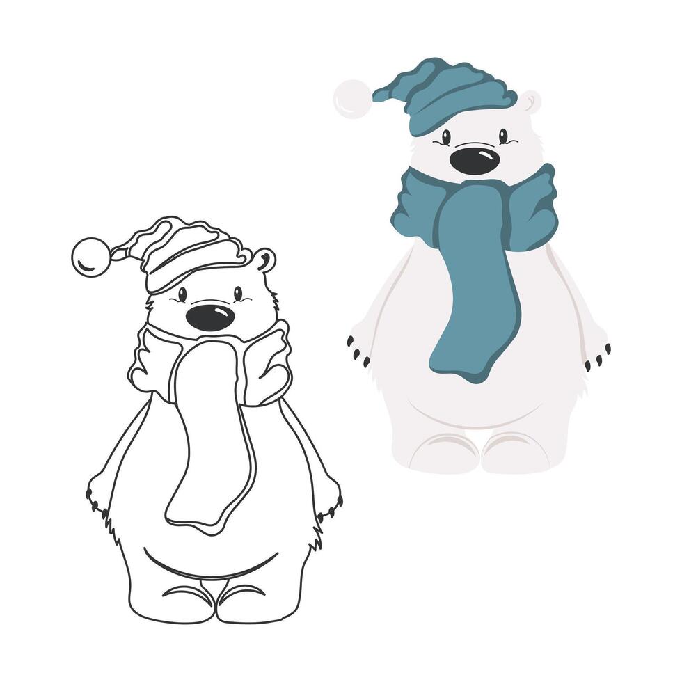 Coloring book for children, cute polar bear in a hat. Illustration and sketch, vector