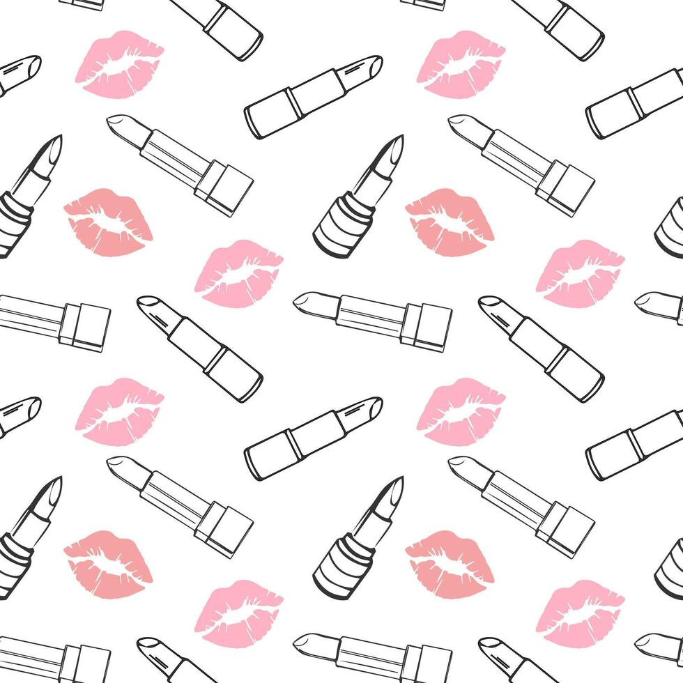 Seamless pattern, drawn contour cosmetics lipsticks and lip prints. Makeup background, textile, vector