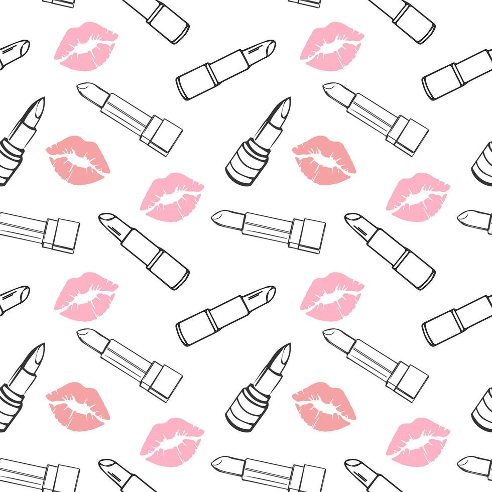 patrón sin costuras, lápices labiales cosméticos de contorno dibujado e impresiones de labios. fondo de maquillaje, textil, vector