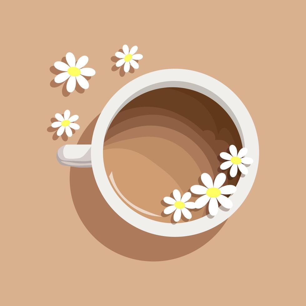 Coffee cup on a saucer and chamomile flowers, top view. Illustration, print, vector