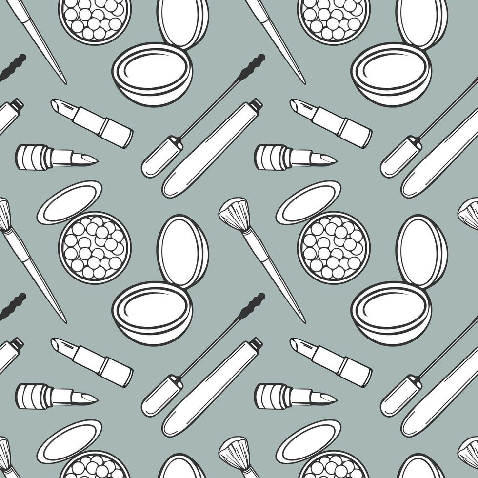 Seamless pattern, drawn contour items cosmetics on a light background. Makeup background, textile, vector