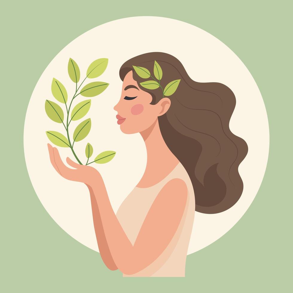 Woman holding tree branch, mental health, self care, gardening or environmental concept. Illustration. Vector