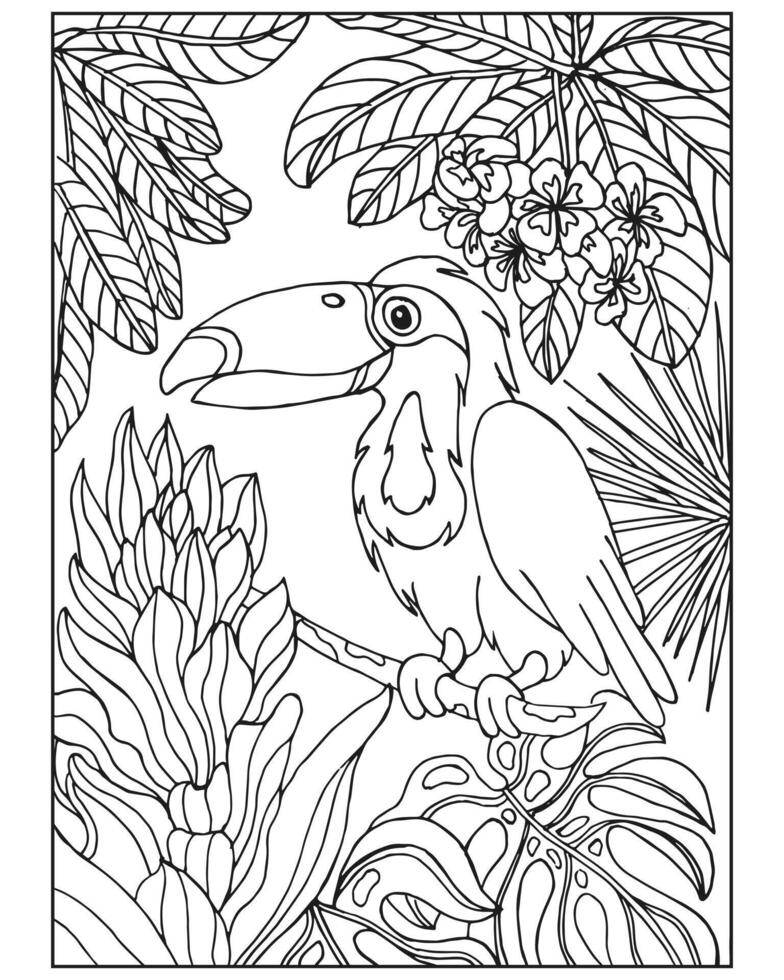 colorante libro para niños y adultos, loro pájaro en un antecedentes de tropical hojas. ilustración, bosquejo, vector