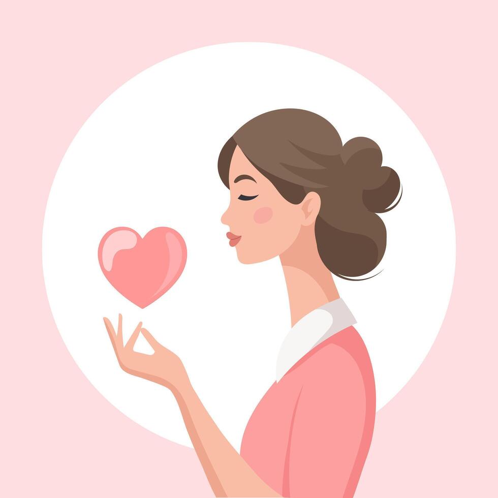 Woman holding a heart. Concept for mental health, support, love and relationships. Illustration. Vector