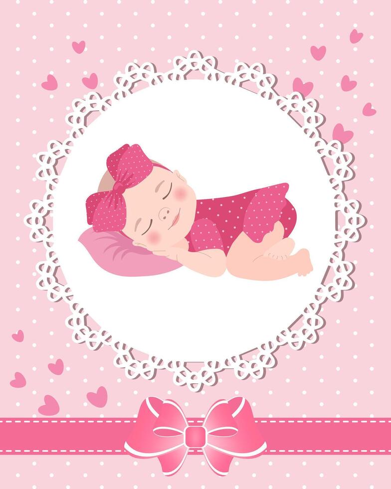 Children's greeting card with a cute baby girl on a lace template with a bow and hearts. Newborn design, vector. vector