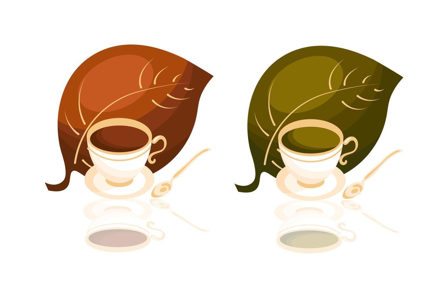 Cups with green and black tea, colorful design with leaves. Icons, vector