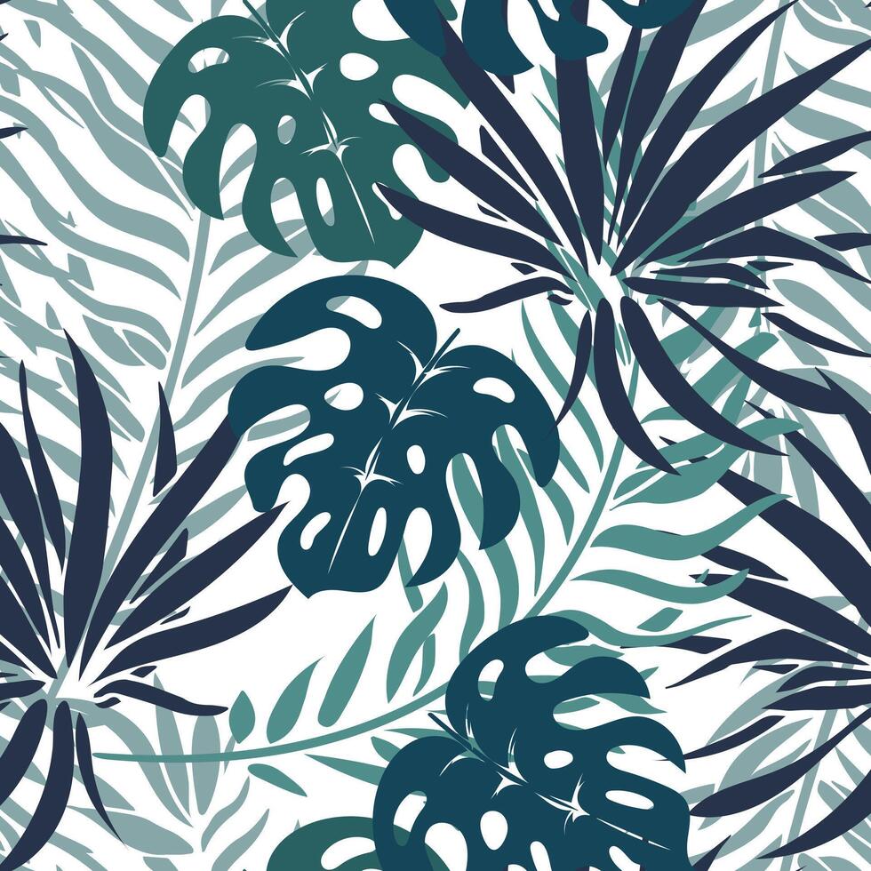 Seamless pattern, jungle, colorful tropical leaves on a white background. Print, background, textile, wallpaper, vector