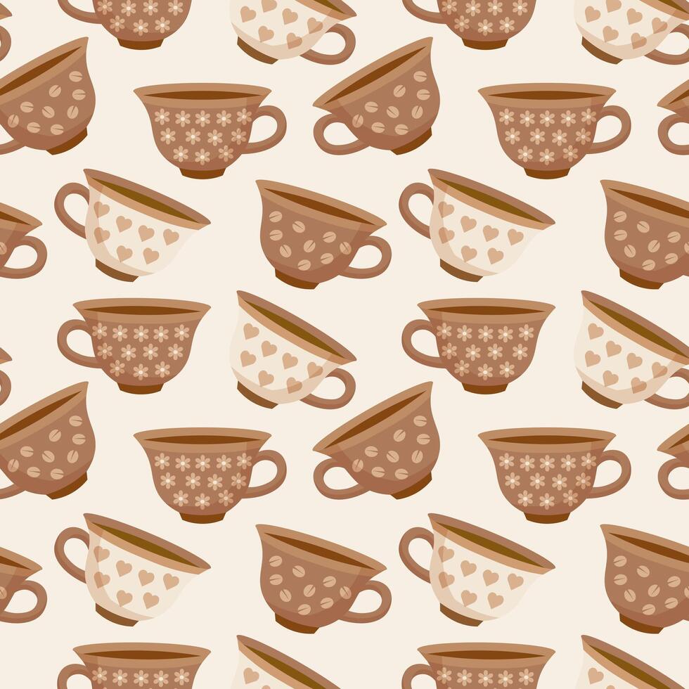 Seamless pattern, vintage coffee cups with ornament and coffee beans. Background, print, vector