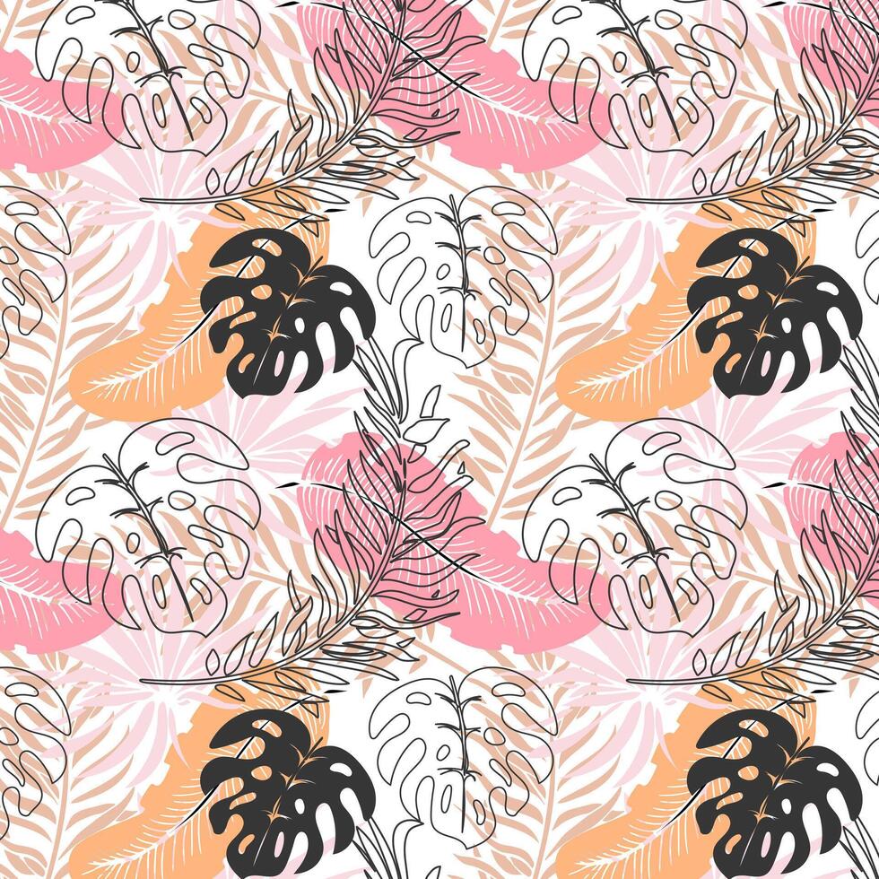 Seamless pattern, jungle, colorful tropical leaves on a white background. Print, background, textile, wallpaper, vector