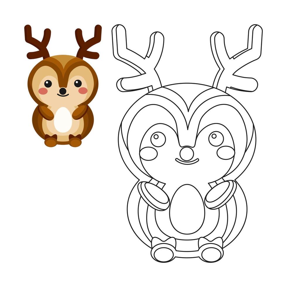Coloring book for children, cute polar reindeer. Illustration and sketch, vector
