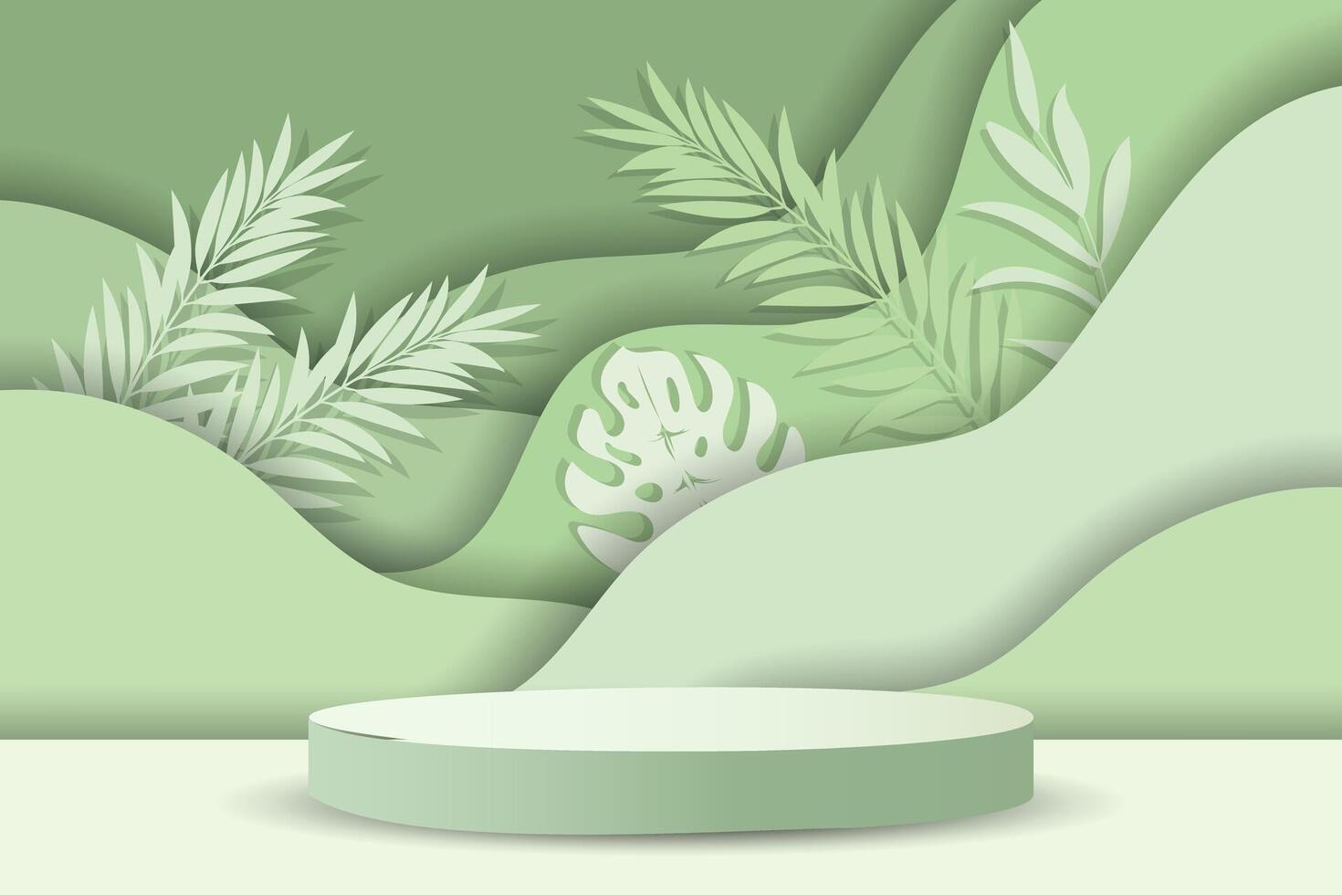 Round podium, pedestal on a pale green background with palm leaves in cut paper style with shadow for product presentation. Vector