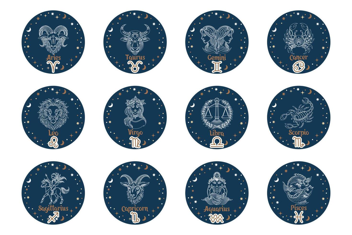 Astrology zodiac signs set, mystical round icons. Esoteric symbols for logo or icons. Vector