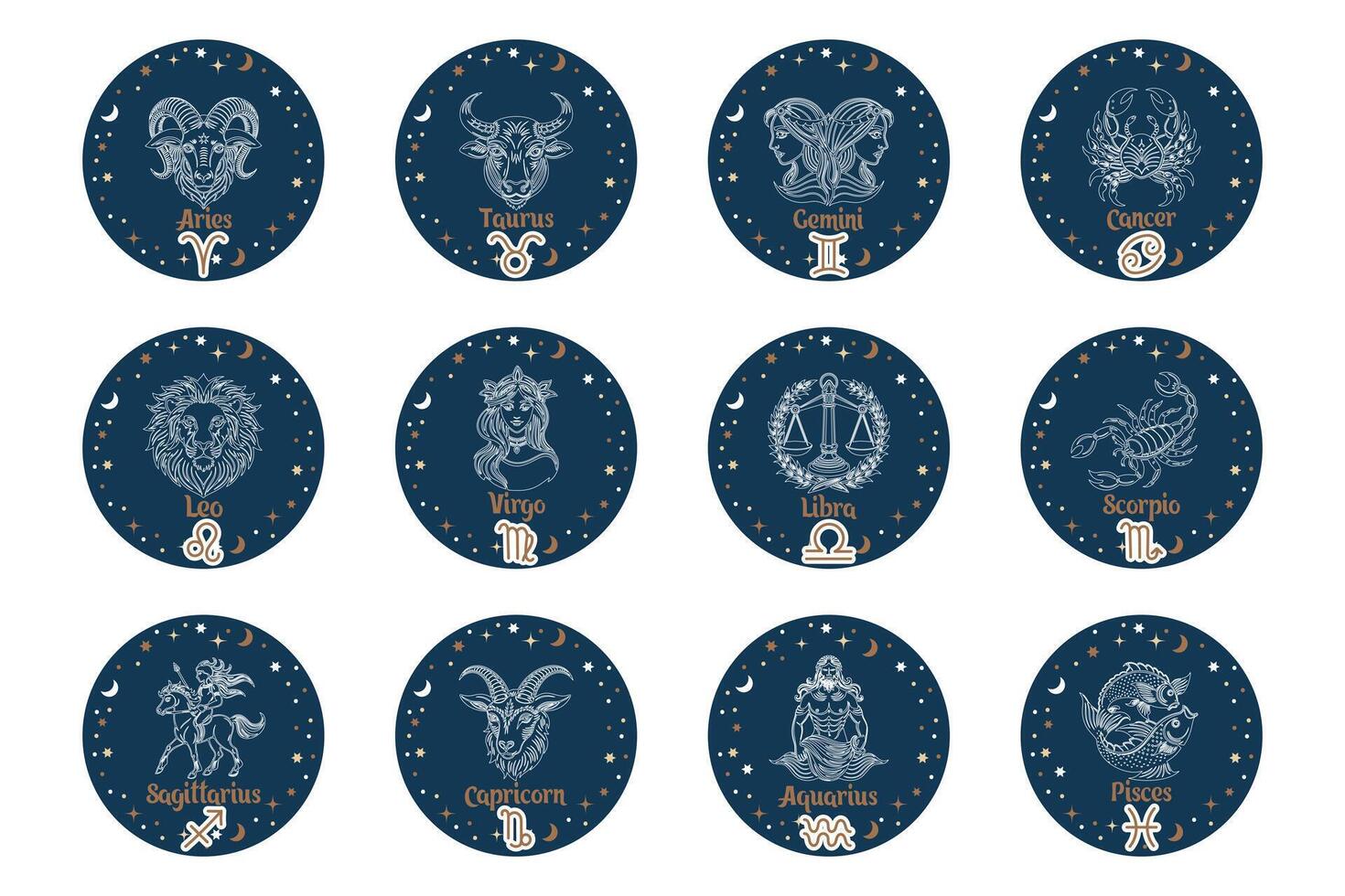 astrología zodíaco señales colocar, místico redondo iconos esotérico símbolos para logo o iconos vector