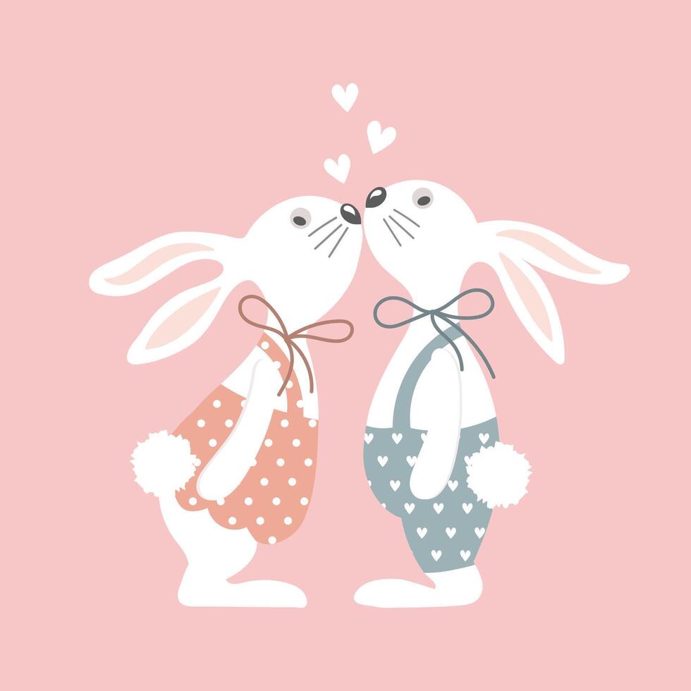 Couple of cute bunnies in love kissing. Illustration for kids, greeting card for birthday, wedding, Valentine's day. Vector