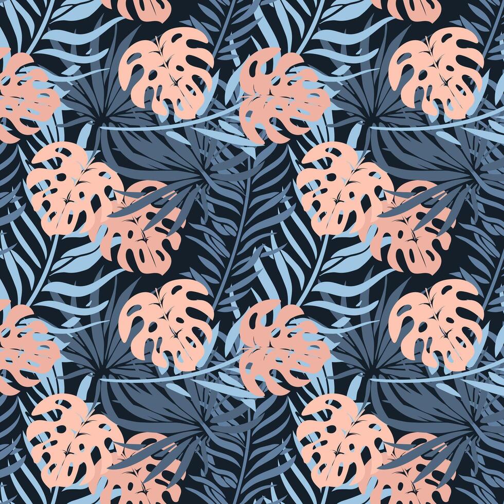 Seamless pattern, jungle, colorful tropical leaves on a dark background. Print, background, textile, wallpaper, vector