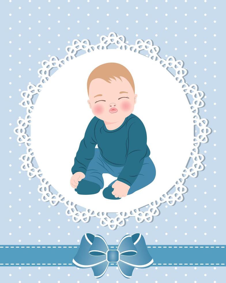 Baby card with cute baby boy and lace pattern with bow. Design for newborns. Illustration, greeting card, vector. vector