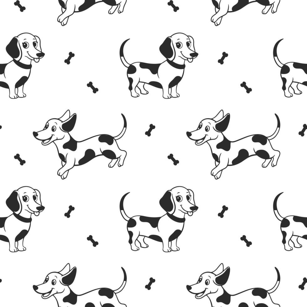 Seamless pattern with cute cartoon Dalmatian dogs on a white background. Vector illustration.