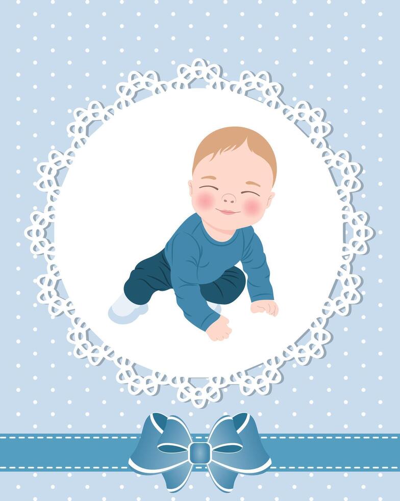 Baby card with cute baby boy and lace pattern with bow. Design for newborns. Illustration, greeting card, vector. vector