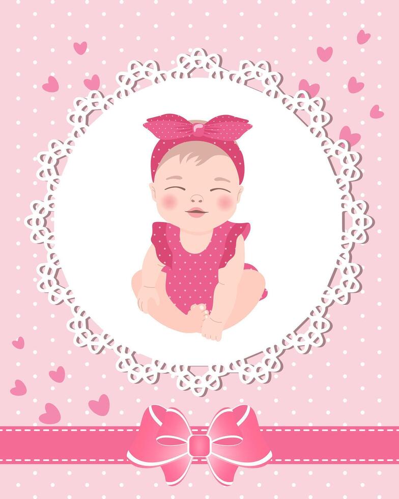 Children's greeting card with a cute baby girl on a lace template with a bow and hearts. Newborn design, vector. vector