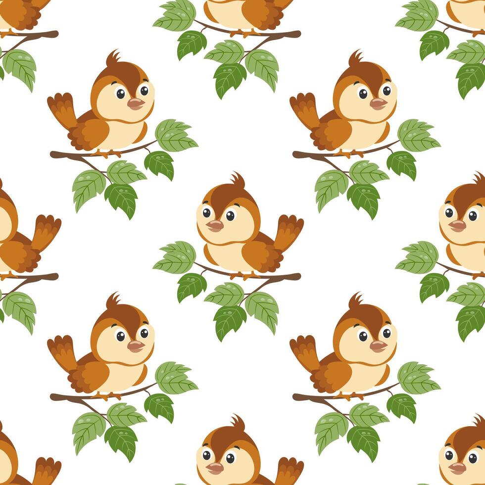 Seamless pattern, cute sparrows on tree branches. Children's print, textile, vector