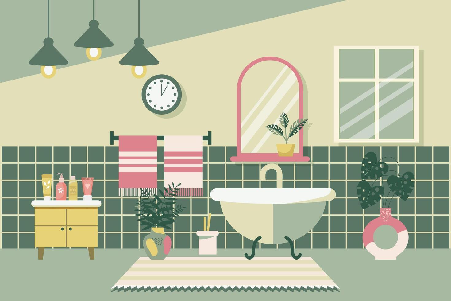 Cozy bathroom. Bathroom interior with bathroom furniture, bathtub, washbasin, towels, mirror, window, house plants. Flat illustration. Vector