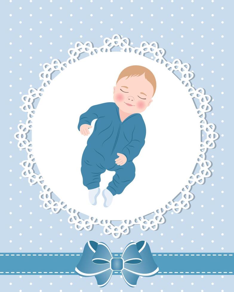 Baby card with cute baby boy and lace pattern with bow. Design for newborns. Illustration, greeting card, vector. vector