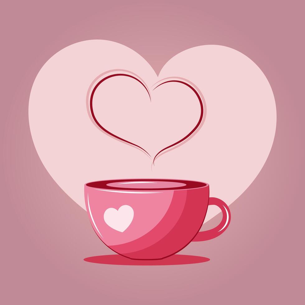 Cup of coffee with steam on the background of the heart, colorful design. Illustration, vector