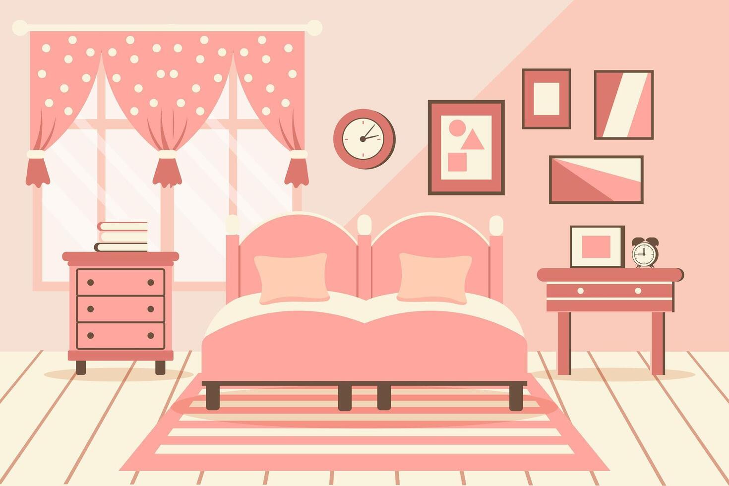 acogedor dormitorio. dormitorio interior cama con almohadas, alfombra, cabecera mesas, armario, ventana. interior concepto. plano ilustración. vector