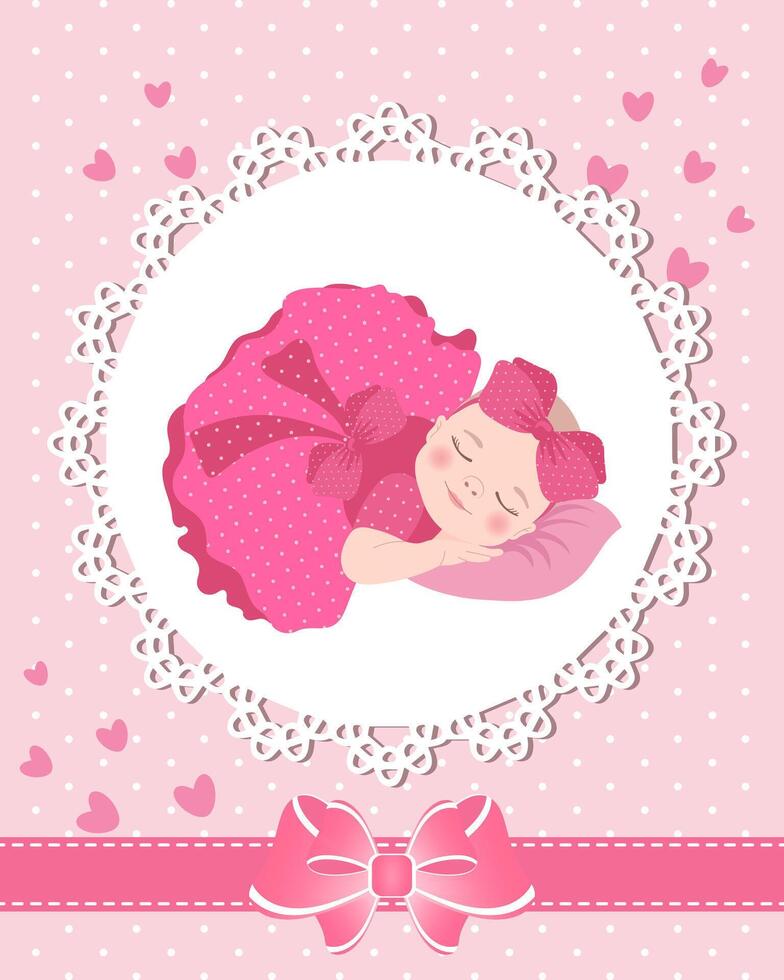 tarjeta de felicitación para niños con una linda niña en una plantilla de encaje con lazo y corazones. diseño recién nacido, vector. vector