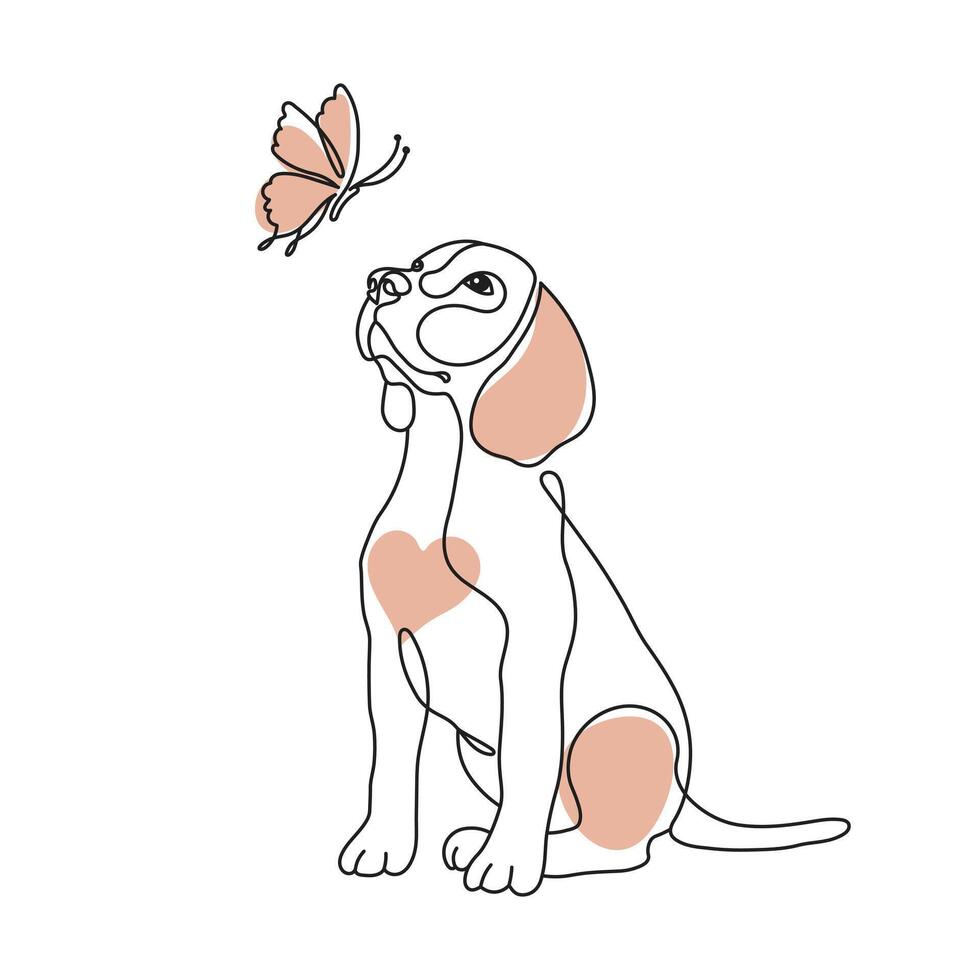 arte lineal, lindo beagle de perro de pura raza y mariposa. esbozo de ilustración, póster, tarjeta postal, vectorial vector
