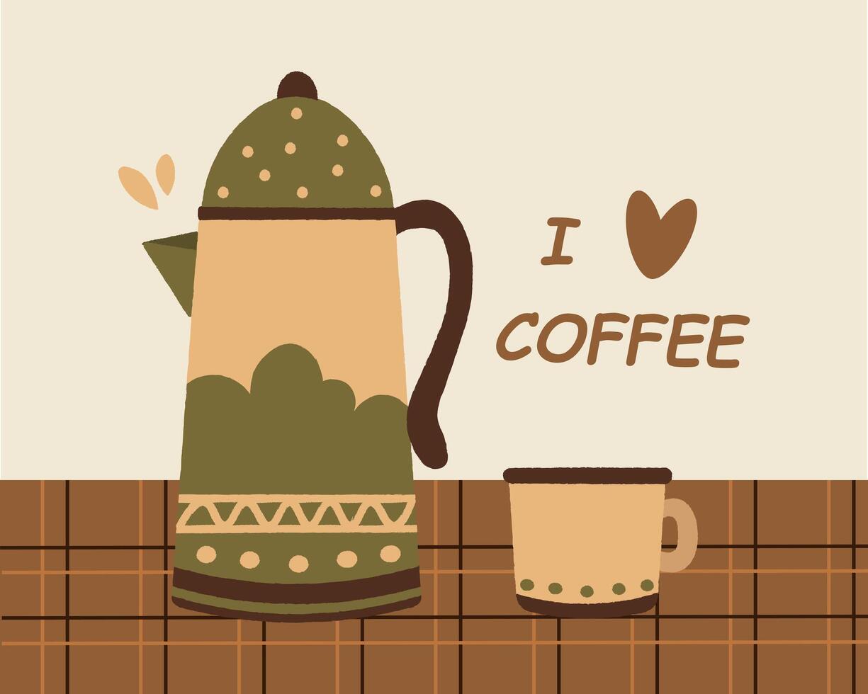 Vintage coffee pot, coffee cup on a checkered tablecloth and text with a heart I love coffee. Illustration, vector