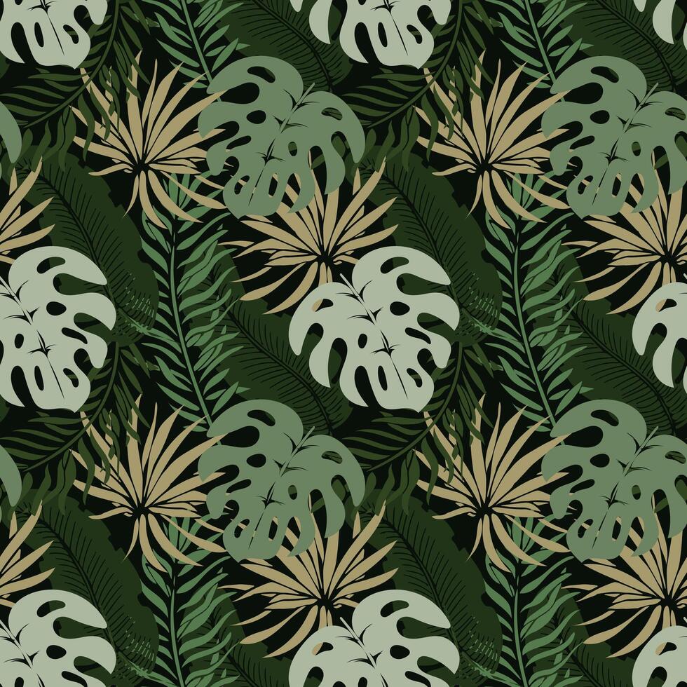 Seamless pattern, jungle, colorful tropical leaves on a dark background. Print, background, textile, wallpaper, vector