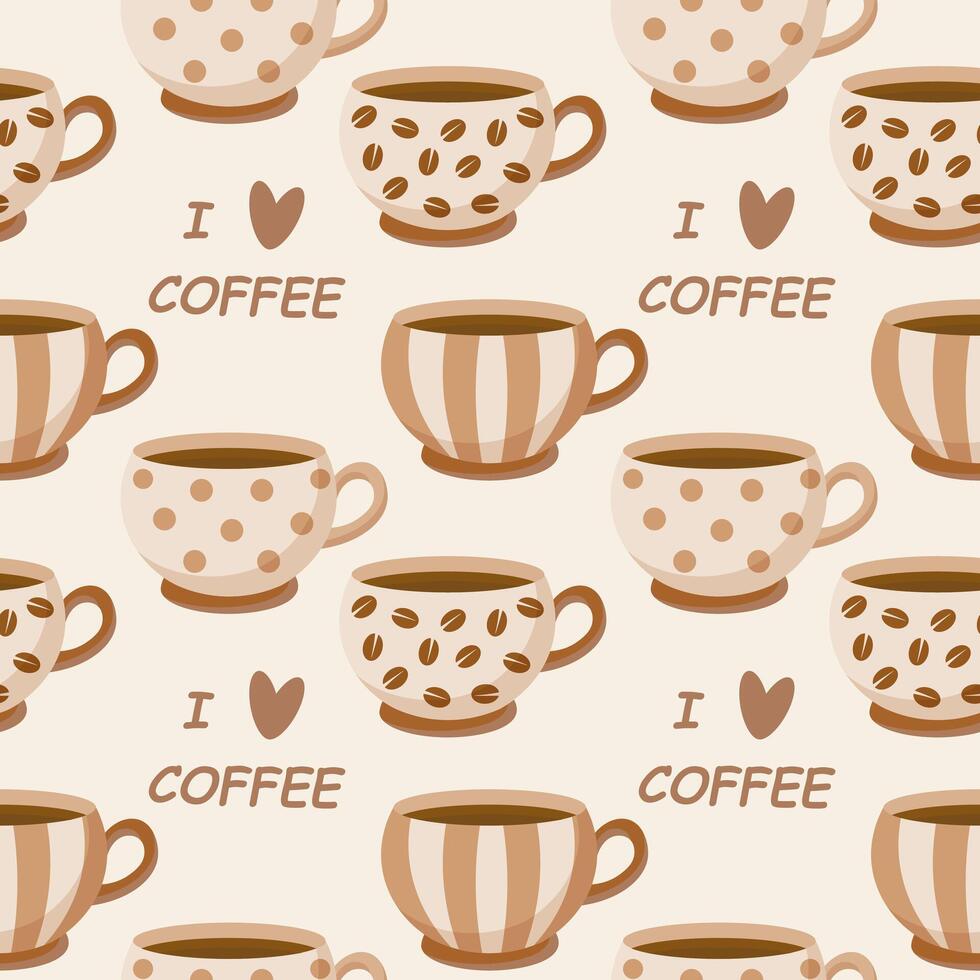 Seamless pattern, vintage coffee cups with ornament and coffee beans. Background, print, vector