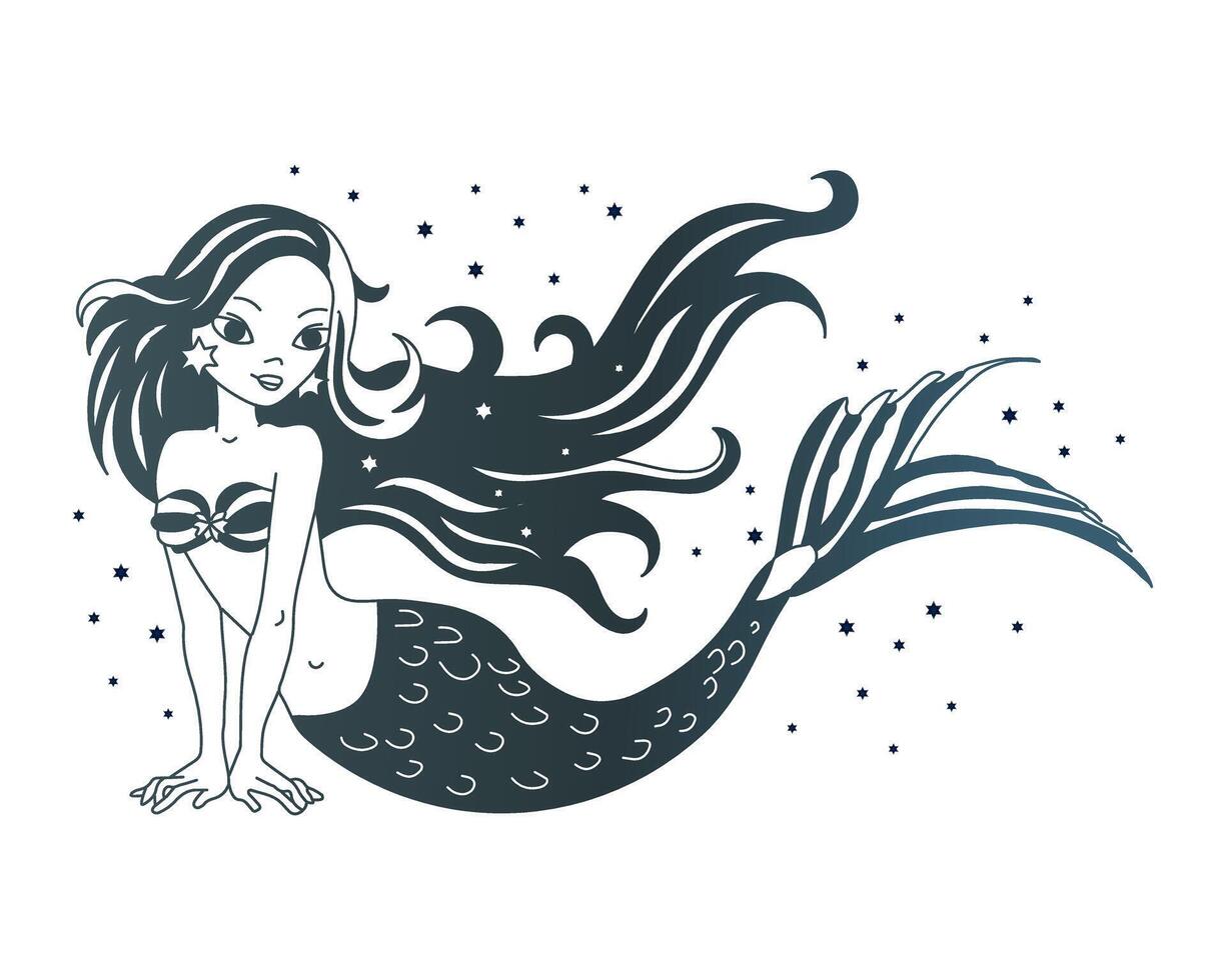 Magic  mermaid with stars, blue and white design. Sketch for children's coloring. Illustration, vector