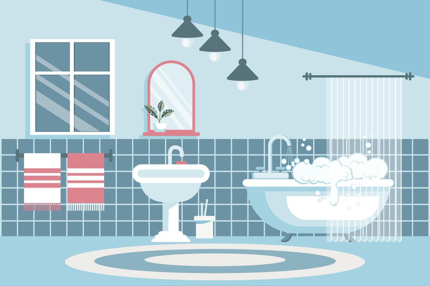 Cozy bathroom. Bathroom interior with bathroom furniture, bathtub, washbasin, towels, mirror, window, house plants. Flat illustration. Vector