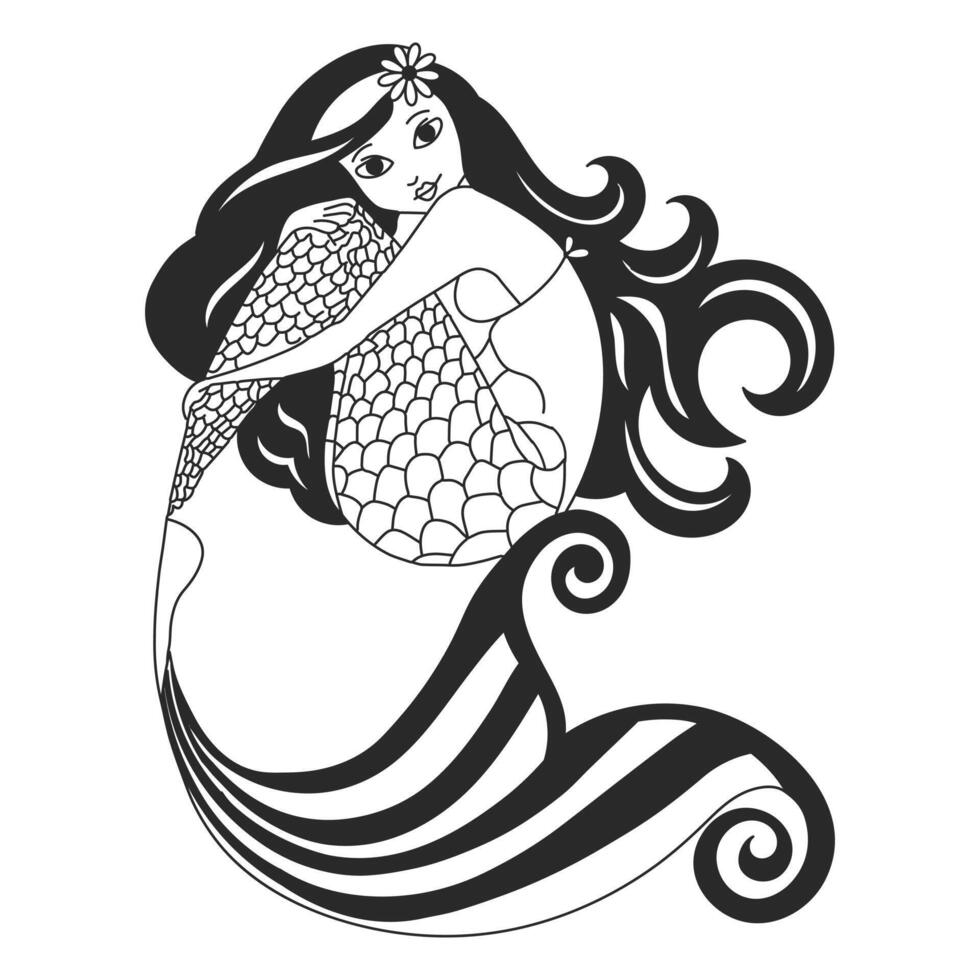 Magic  mermaid girl, black and white design. Sketch for children's coloring. Illustration, vector