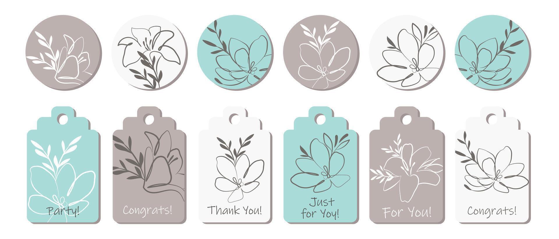 conjunto de pegatinas rústicas o plantilla de tarjeta de felicitación con flores de contorno. aniversario, cumpleaños, boda, fiesta, conjunto de banners de redes sociales. vector