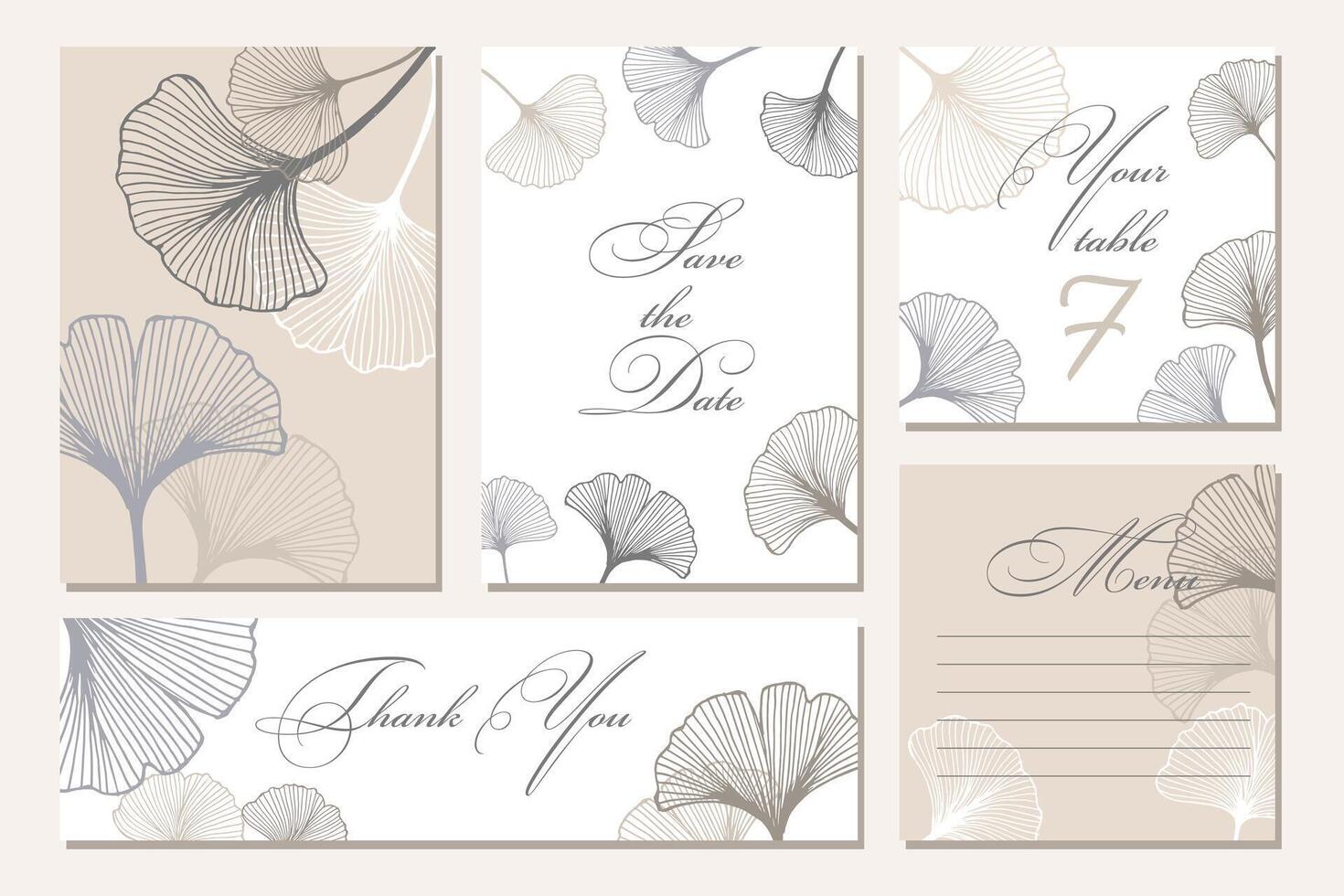 plantillas de invitación de boda rústicas. reserva. gracias. menú. tu mesa. caligrafía y hojas de ginkgo dibujadas a mano. vector