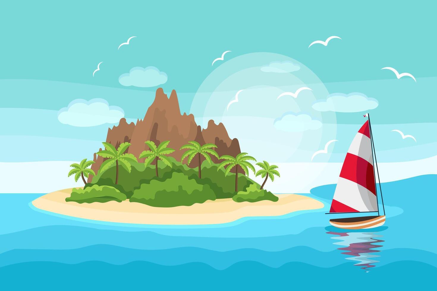 Seascape, paradise island with palm trees and mountains and a yacht in the sea. Illustration, background, vector