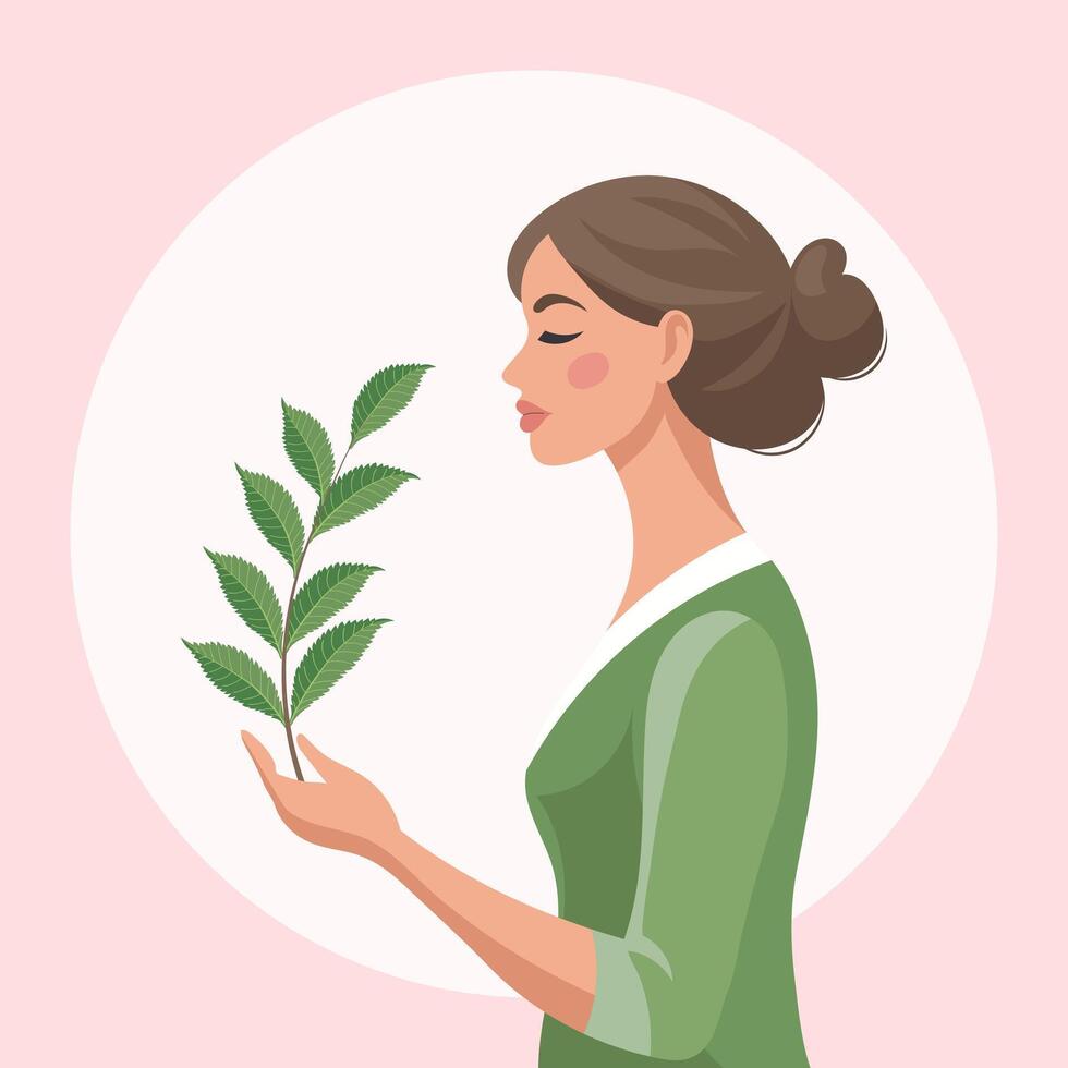 Woman holding tree branch, mental health, self care, gardening or environmental concept. Illustration. Vector