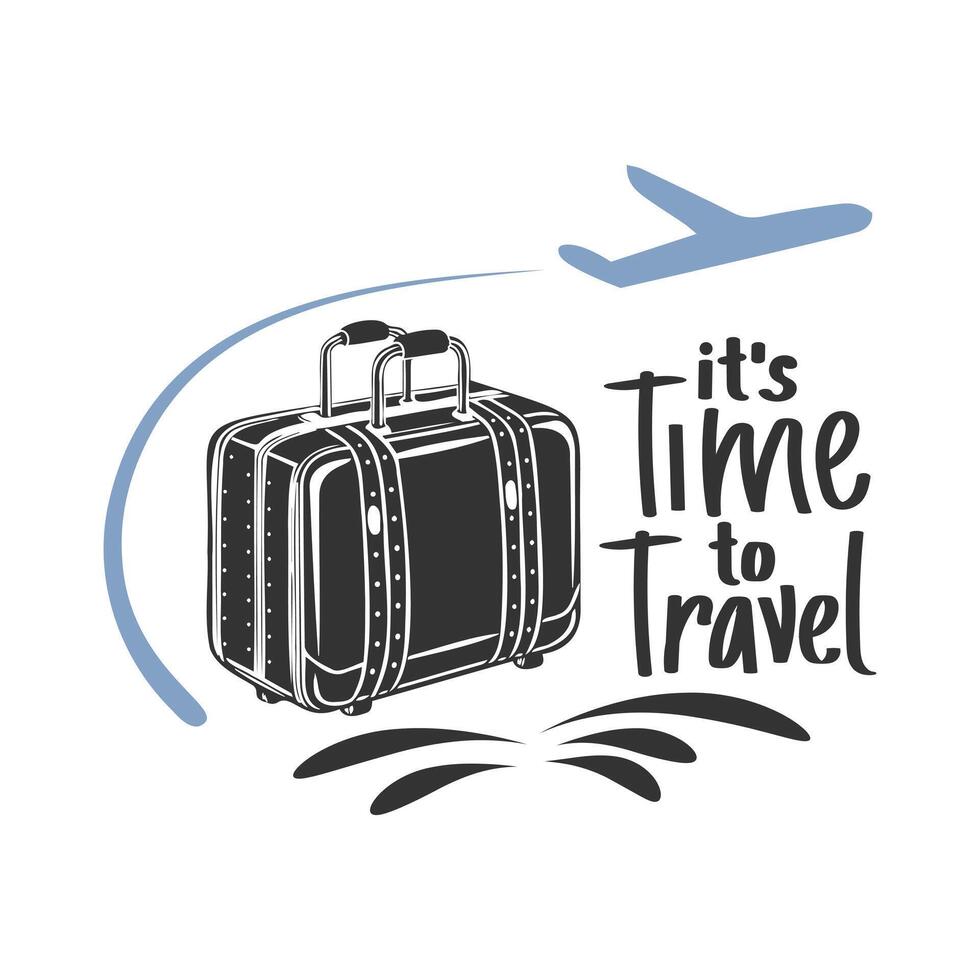 Time to travel lettering with suitcase and airplane. Calligraphic inscription, quote, phrase. Postcard, typographic design, print. Vector