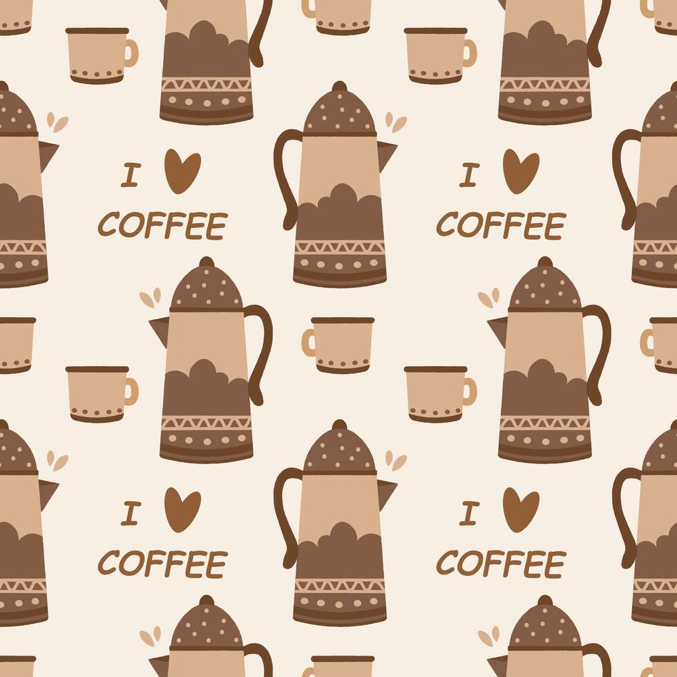 Seamless pattern, vintage coffee cups with ornament and coffee beans. Background, print, vector
